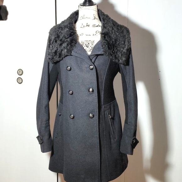 GUESS - Women's Wool Double breasted winter coat faux fur WARM Neutral Mod Sz. L - Picture 1 of 9